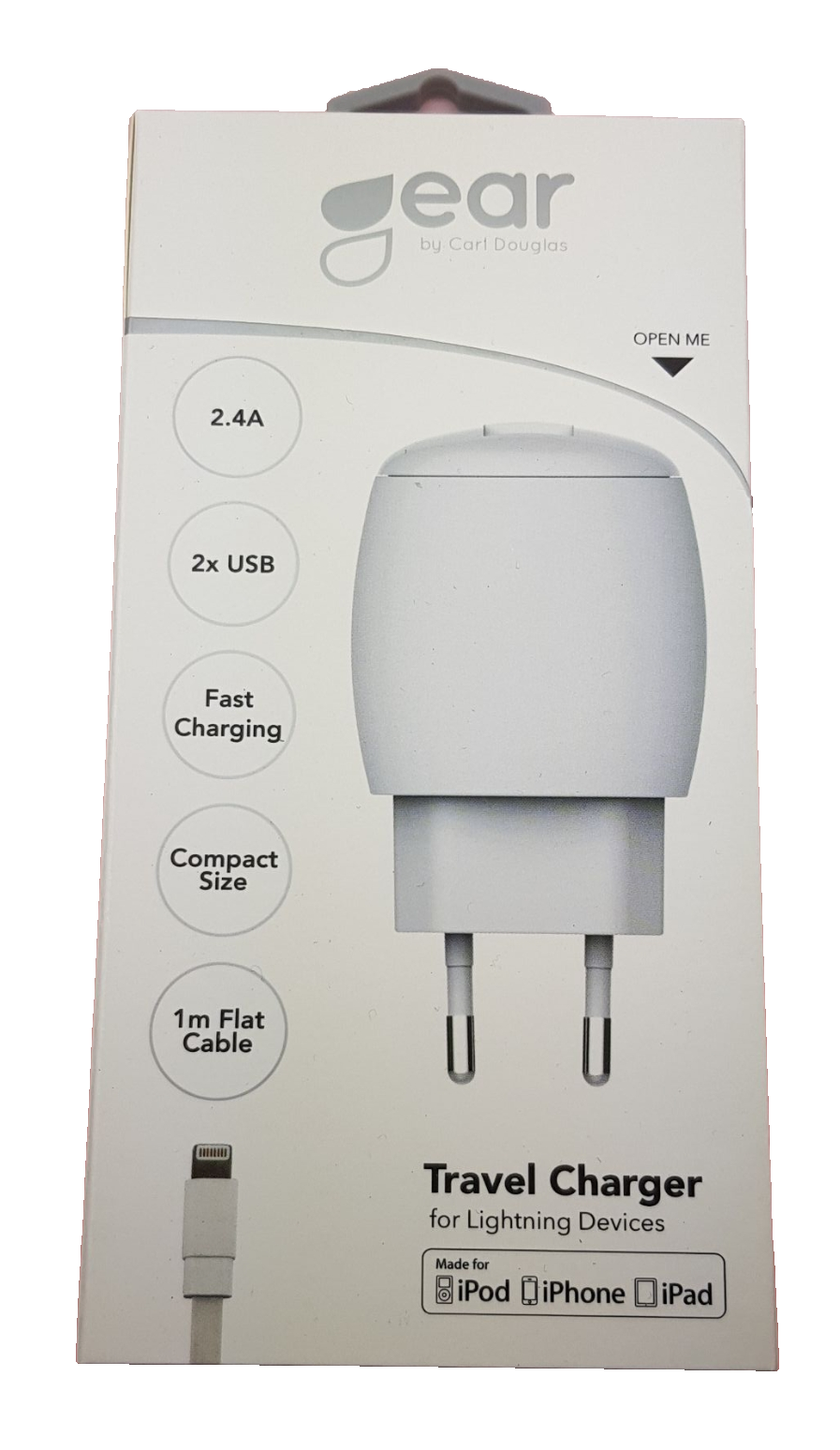 GEAR  2.4A 2 x USB, inkl Lightning kabel 1m.