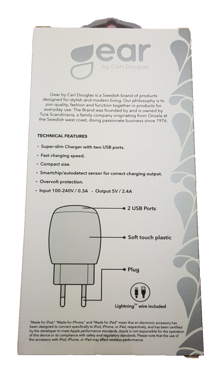 GEAR  2.4A 2 x USB, inkl Lightning kabel 1m. - 2