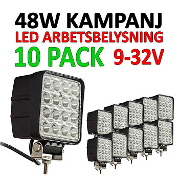 Superfynd! 10 pack 48W LED arbetsbelysning 60°  Totalt 30000 lumen 9-32V