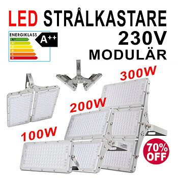 Modulär vinklingsbar 230V LED strålkastare med frostad frontglas valbar 100, 200 samt 300W 