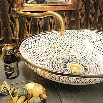 Marockanskt handfat oval Khel, svart vitt