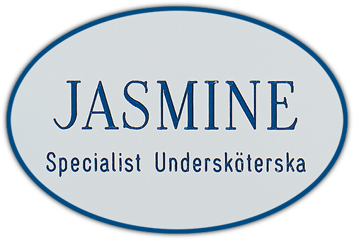 Namnskylt oval i plastlaminat -410 vit/blå