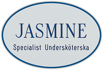 Namnskylt oval i plastlaminat -410 vit/blå