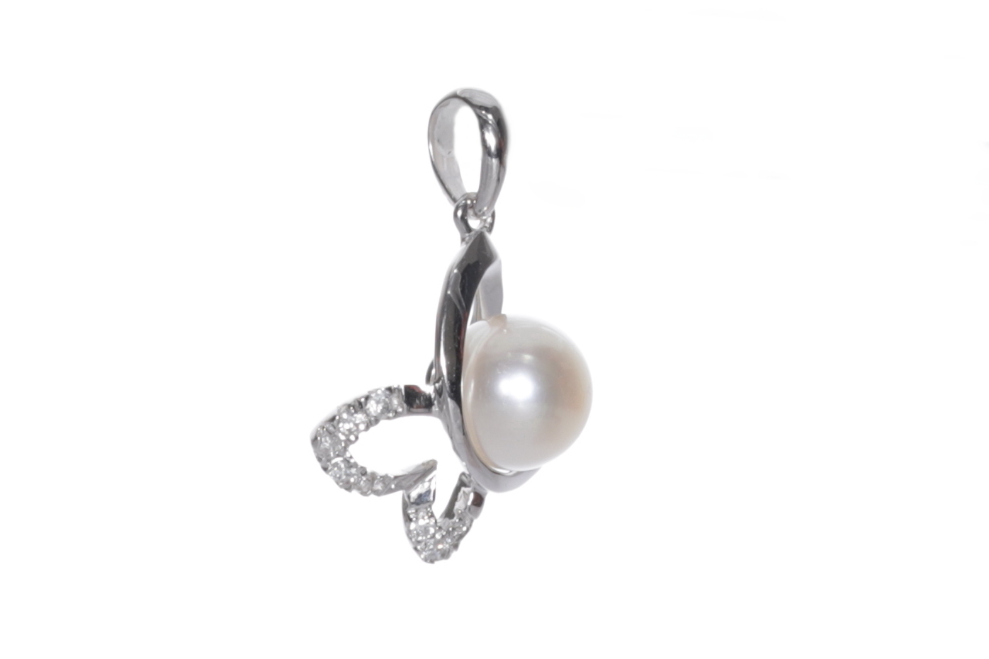 Pendente con perla Akoya di qualità AAA da 5,5 a 6 mm in oro bianco con diamanti  - 2