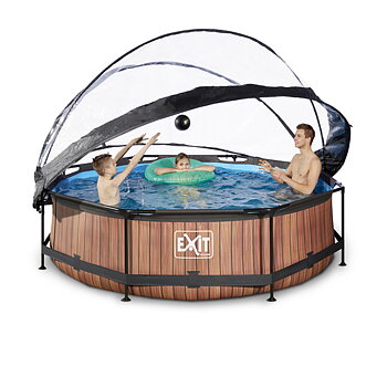 EXIT Rund Pool 300x76cm Träfärgad med kupol