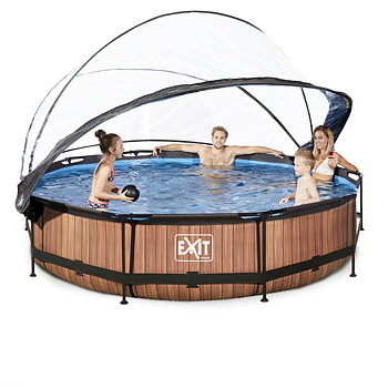 EXIT Rund Pool 360x76cm Träfärgad med kupol
