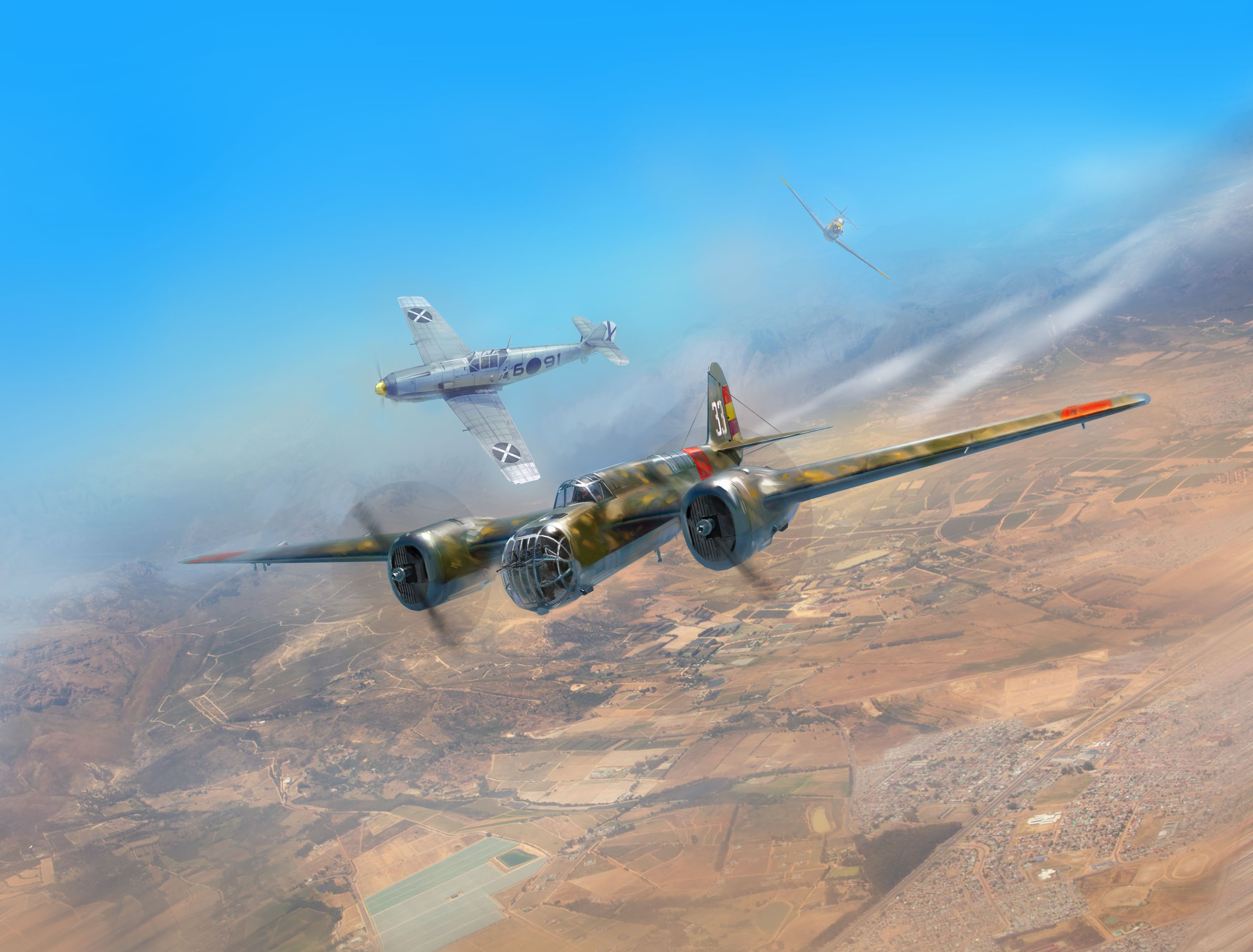 1/72 "Over all of Spain, the&nbsp;sky&nbsp;is&nbsp;clear" (SB 2M-100 "Katiushka" + two Me 109 E3 Pilot Ace)