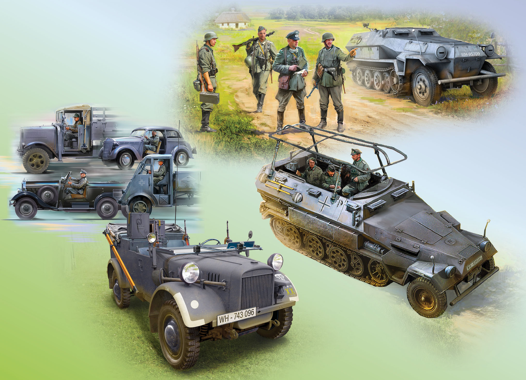 1/35 Battle of France, spring 1940. German combat vehicles (Sd.Kfz.251/1 Ausf.A, Sd.Kfz.251/6 Ausf.A, le.gl.Einheitz-Pkw Kfz.2, German Drivers (1939-1945))