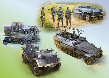 1/35 Battle of France, spring 1940. German combat vehicles (Sd.Kfz.251/1 Ausf.A, Sd.Kfz.251/6 Ausf.A, le.gl.Einheitz-Pkw Kfz.2, German Drivers (1939-1945))