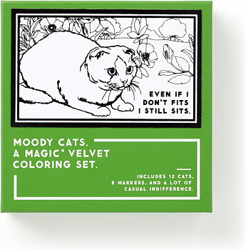 Brass Monkey Moody Cats - Velvet Coloring Set with 12 Humorous Cat Illustrations and 8 Quality Brush Tip Markers