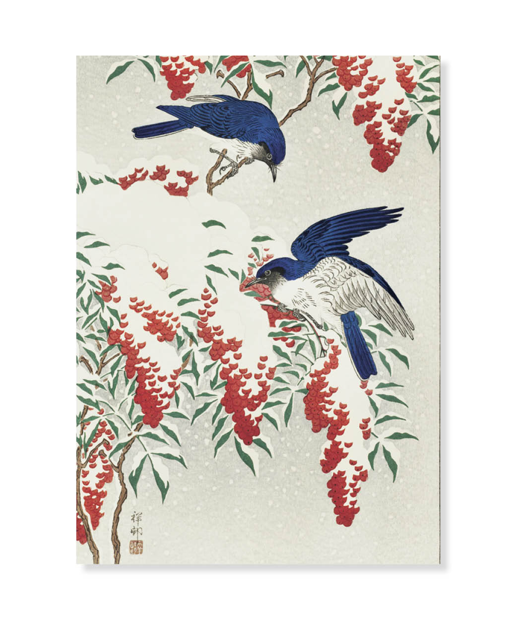 Flycatchers on a nandina bush, Ohara Koson, Postcard