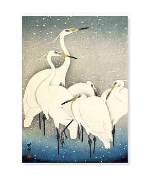 Egrets in snow, Ohara Koson, Postcard
