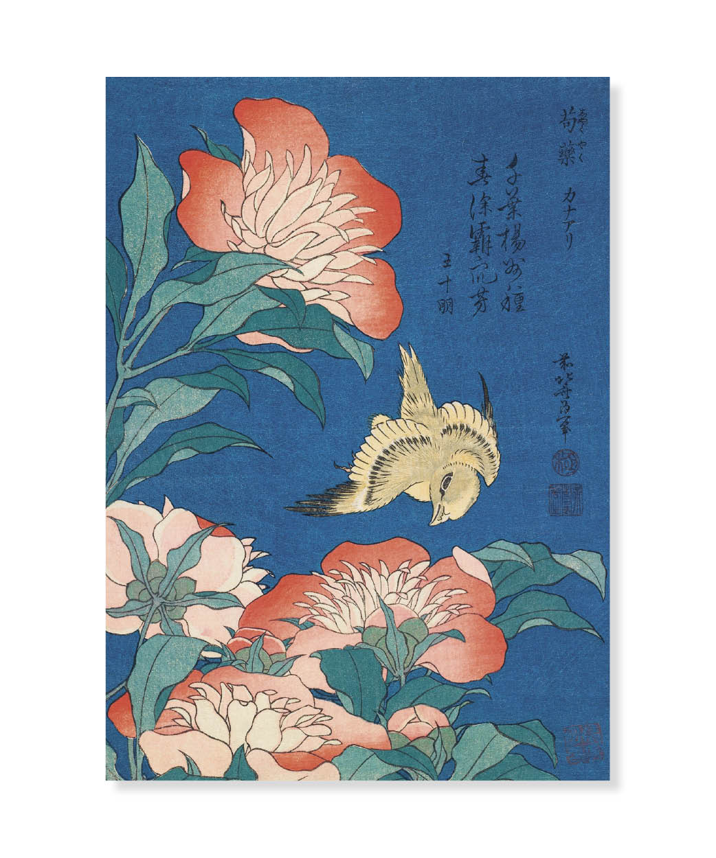 Peonies and Canary, Hokusai, Vykort
