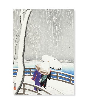 Two Women in Snow, Ohara Koson, Postcard