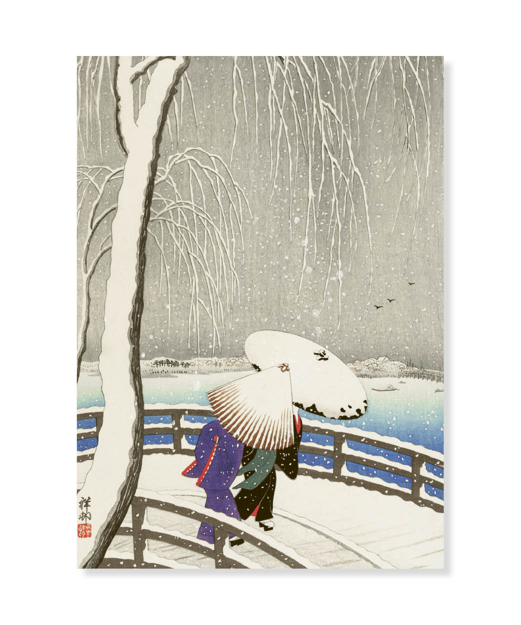 Two women in the snow, Ohara Koson, Greeting Card