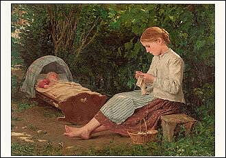 Knitting Girl watching the Toddler in the Craddle, Postcard