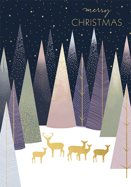 Merry Xmas Deer In Pastel Forest, Xmas Single Card