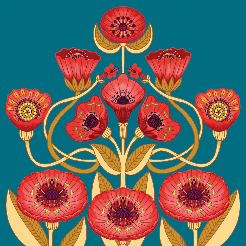 Poppies on Teal Blue, Greeting Card