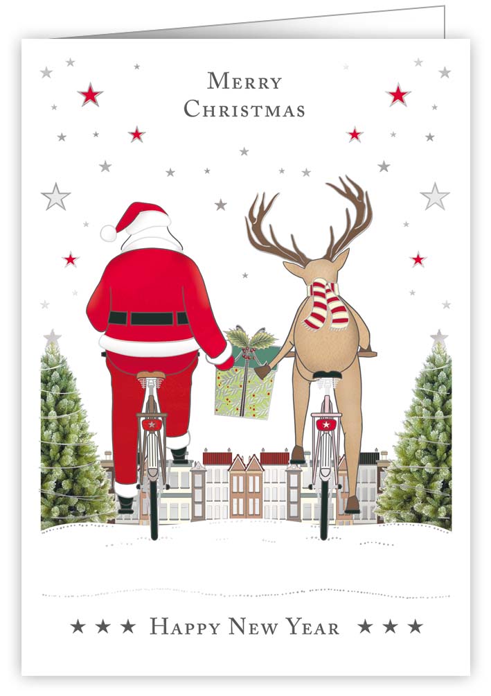 Santa and Deer Biking, Xmas, Greeting Card 