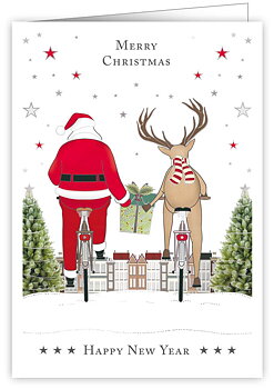 Santa and Deer Biking, Xmas, Greeting Card 