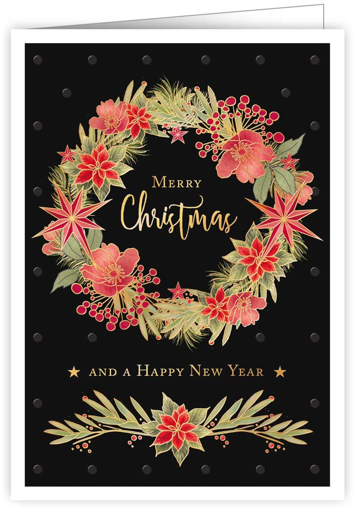 Christmas Wreath On Black Background, Greeting Card