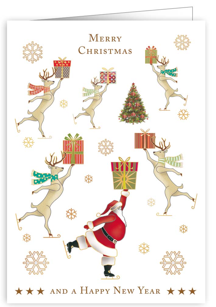 Santa And Reindeer Ice-Skating, Greeting Card