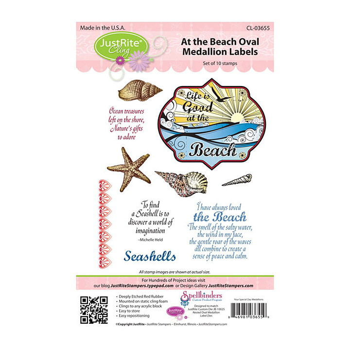 JustRite Papercraft Rubber Stamp - At the Beach Oval Medallion Labels