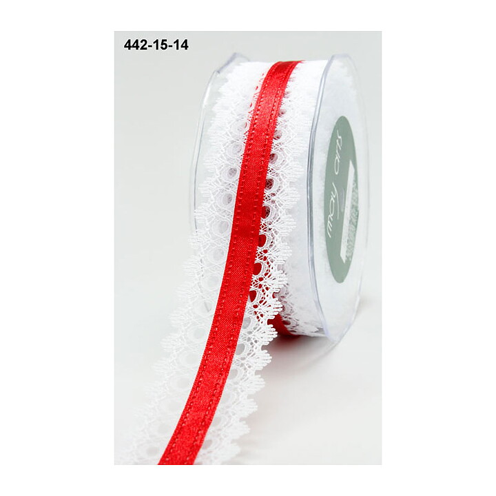 May Arts Lace Ribbon & Satin Center  - White & Red 38 mm