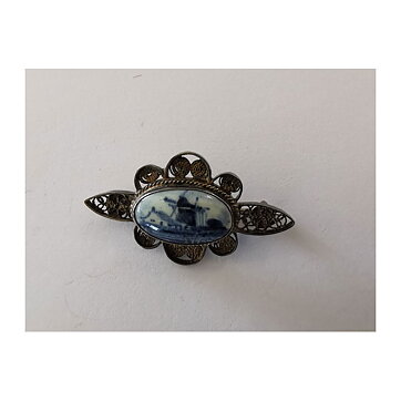 Brooch - Dutch Delft Windmill Filigree Ceramic