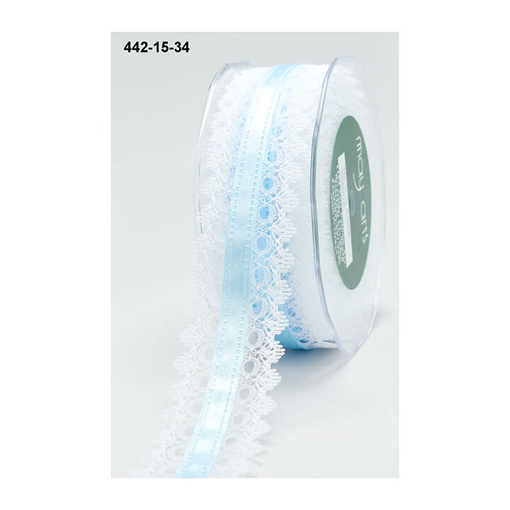 May Arts Lace Ribbon & Satin Center  - White & Light Blue 38 mm