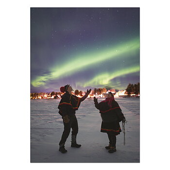 Postcard Piera Niilá and Idja Lotta at the northern lights disco