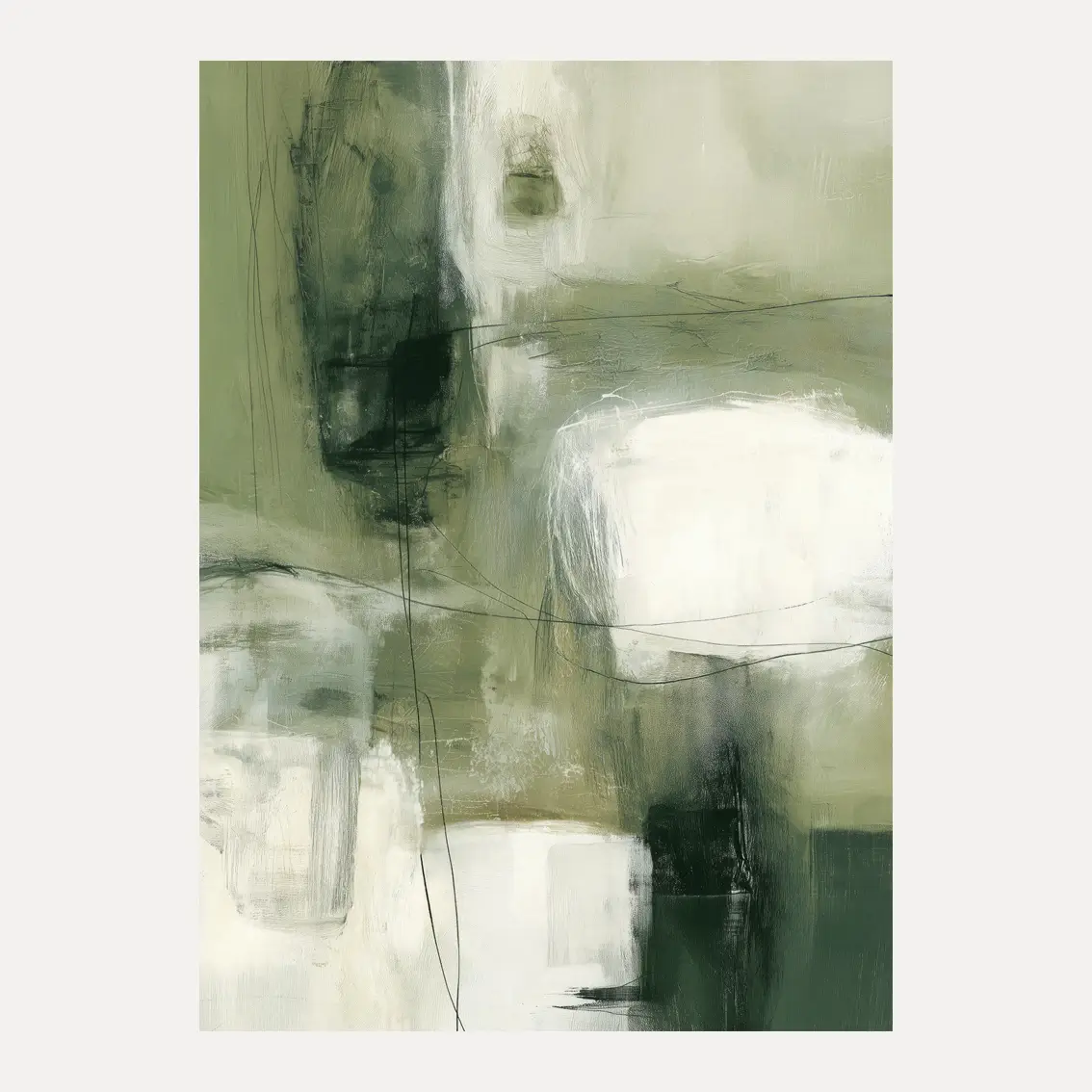 Gi hjemmet et rolig preg med plakaten “Sage Abstraction,” en abstrakt komposisjon i salvie- og dypgrønne toner. Ideell for moderne og naturpregede rom.