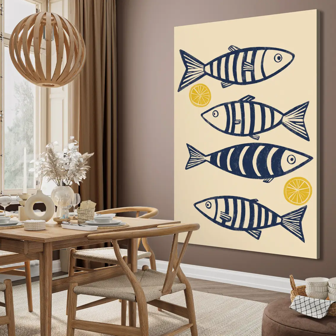 Canvas prints featuring blue fish and lemons in a graphic style.