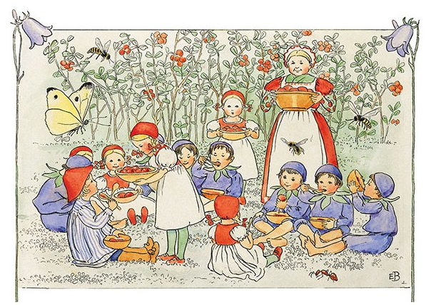 Elsa Beskow Vykort - Lingonmors kalas