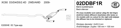 2,5" sportavgassystem XC60 09- D3, D4, D5, 2,4D. Bakre ljuddämpare - 2