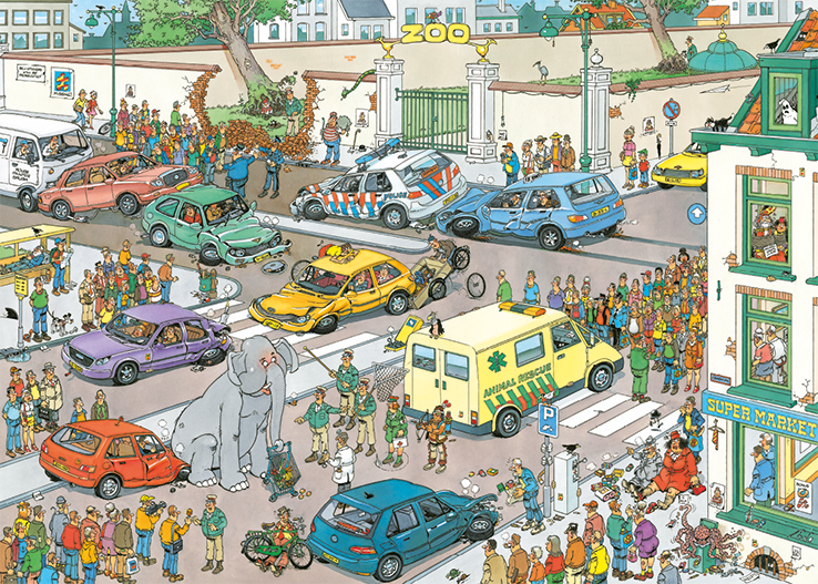 Puzzle Jumbo Jan Van Haasteren – Jumbo Goes Shopping, 1000 Pezzi, 68x49 Cm, Avventure Caotiche Al Supermercato