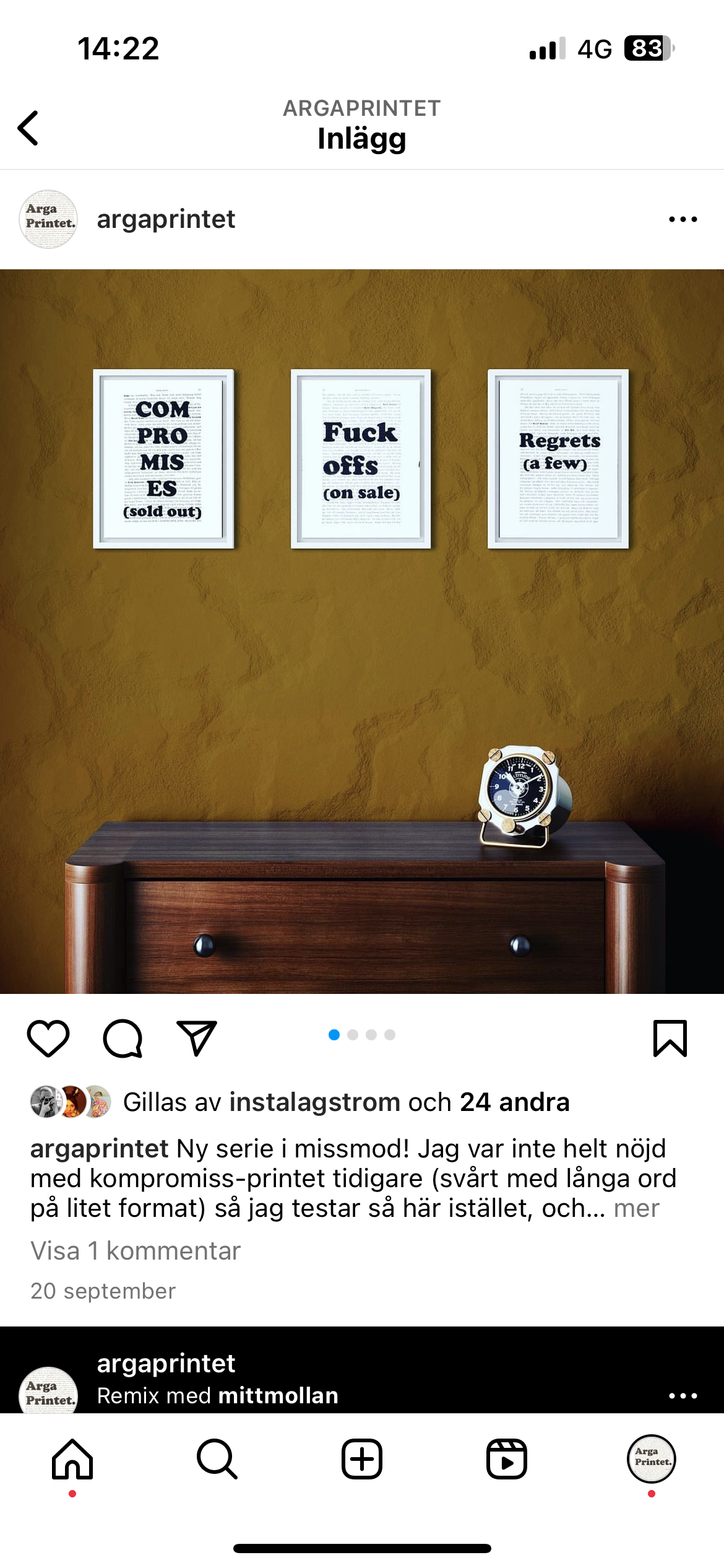 Tavla med texten Regrets (a few)
