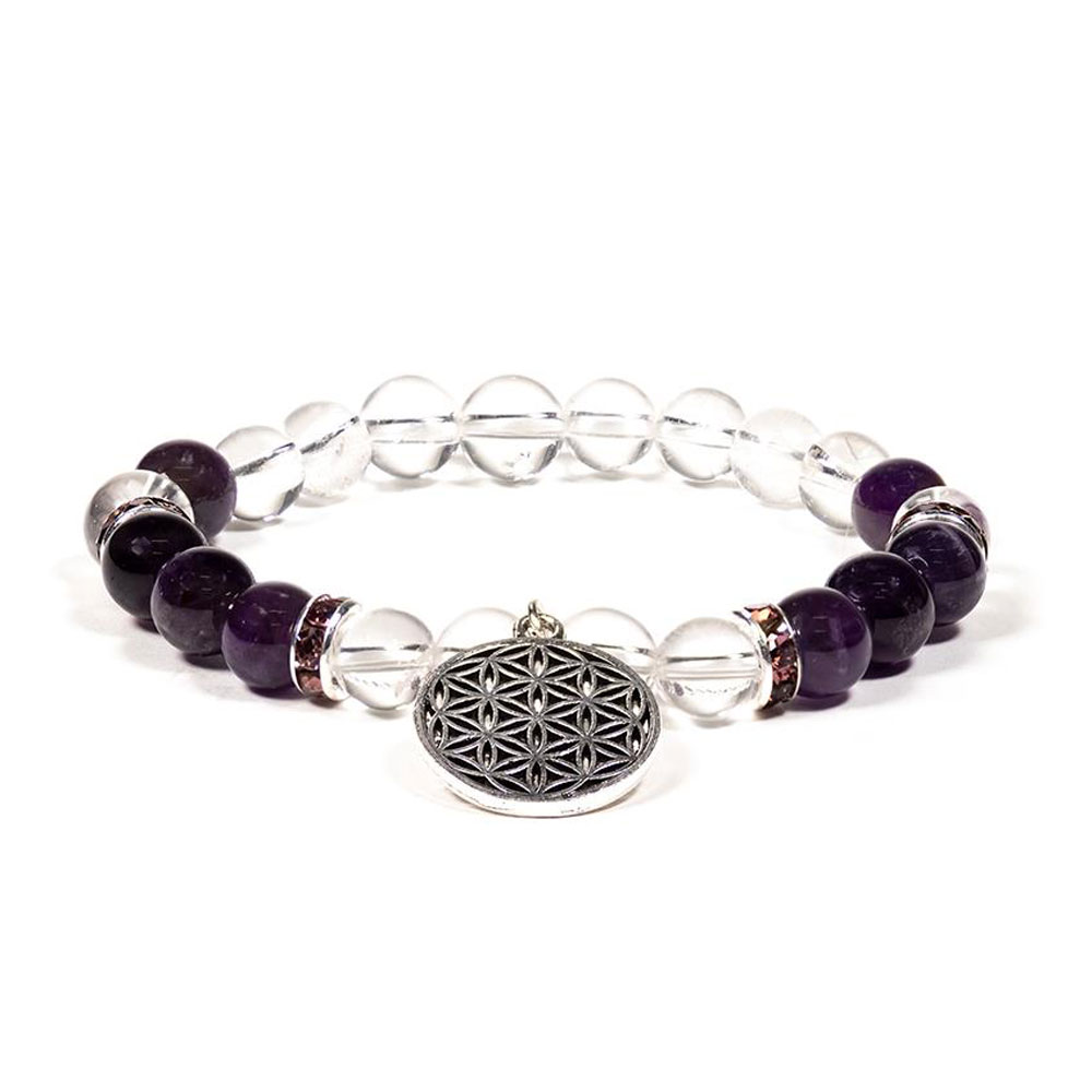 Armband bergskristall / ametist med Flower of Life