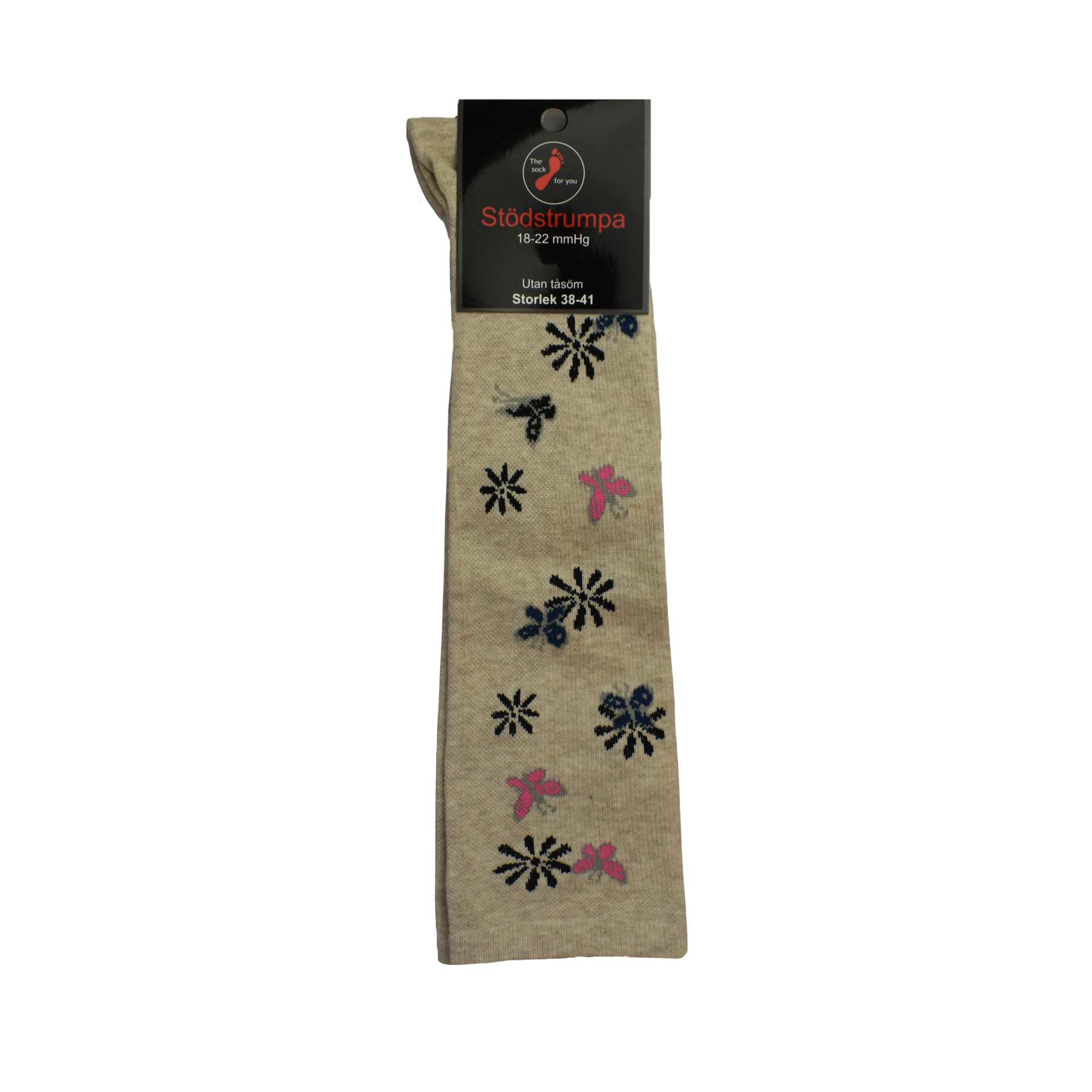 Stödstrumpa 18-22mmHg med fjärilar och blommor - 2 par 250 kr - 1 par 135 kr - flera färger - Utan tåsöm- förstärkt tå och häl - 5