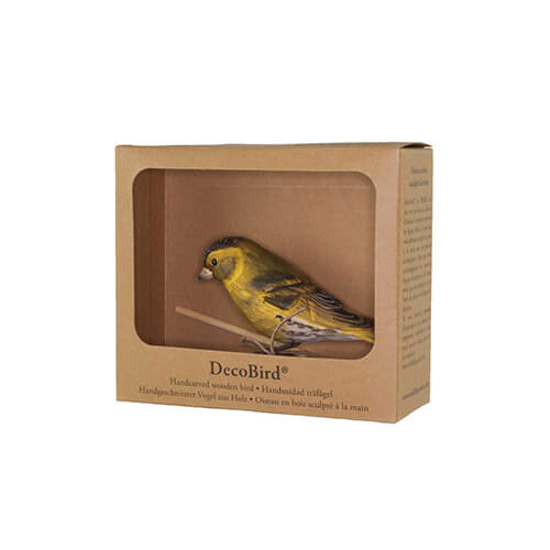 DecoBird Siskin, hand carved wooden bird painted with environmentally friendly colours, in its display carton with a window