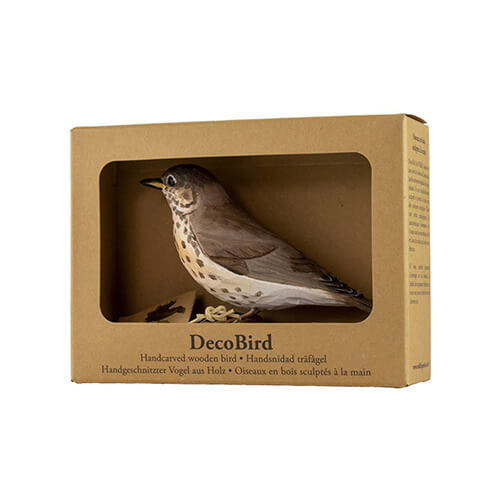DecoBird Song Thrush, hand carved wooden bird painted with environmentally friendly colours, in its display carton with a window