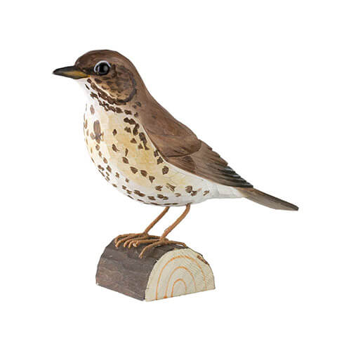 DecoBird Song Thrush, hand carved wooden bird painted with environmentally friendly colours