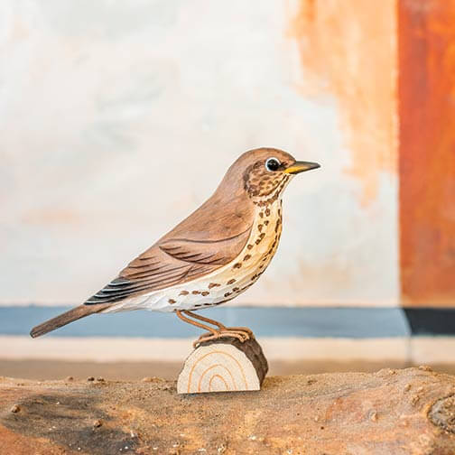 DecoBird Song Thrush, hand carved wooden bird painted with environmentally friendly colours