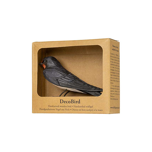 DecoBird Barn Swallow, hand carved wooden bird painted with environmentally friendly colours, in its display carton with a window