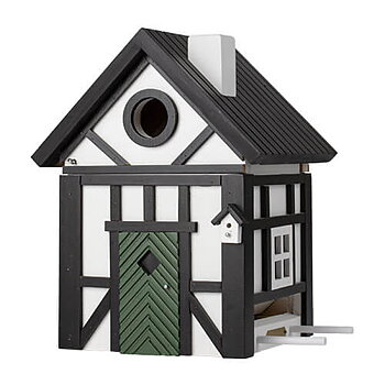 Multiholk Korsvirke, fågelmatare i miljövänlig svart och vit färg med grön dörr