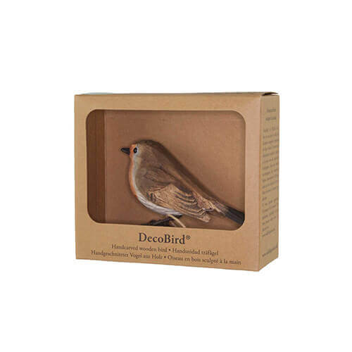 DecoBird Robin, hand carved wooden bird in its display carton with a window