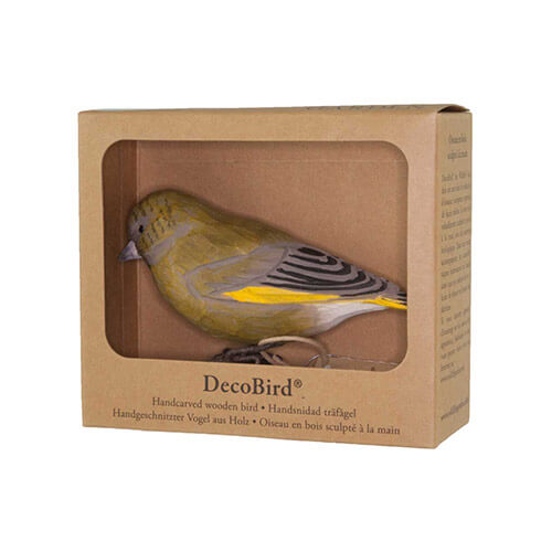 DecoBird Greenfinch, hand carved wooden bird in its display carton with a window