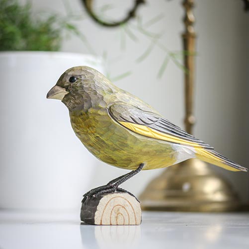DecoBird Greenfinch, hand carved wooden bird painted with environmentally friendly colours