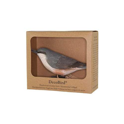 DecoBird Bullfinch, hand carved wooden bird in its display carton with a window