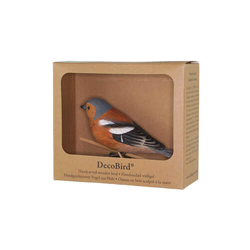 DecoBird Chaffinch, hand carved wooden bird in its display carton with a window